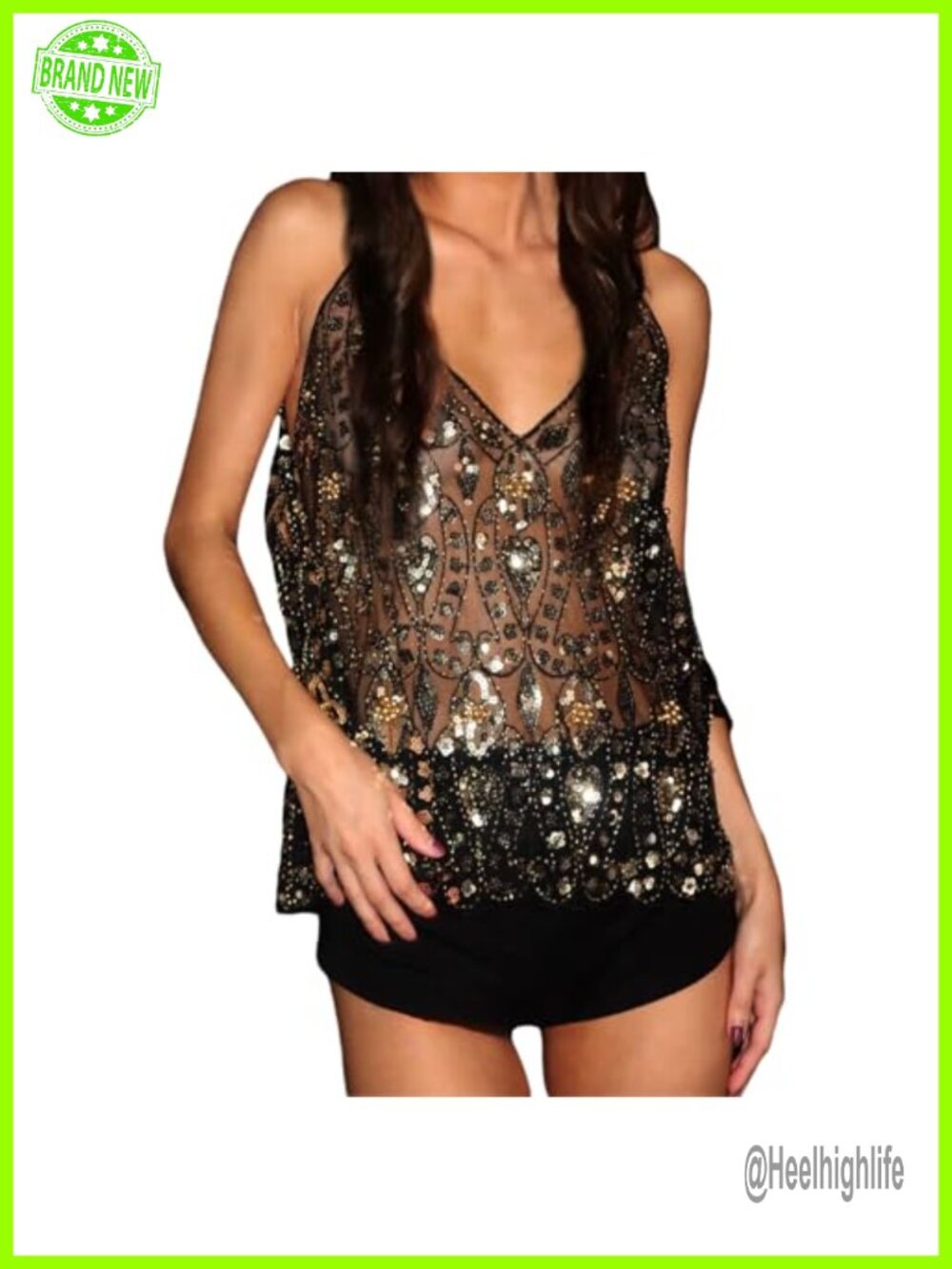 Rhinestone Embellished Sleeveless Tank Top Deep V Neck Open Back Y2K Clubwear